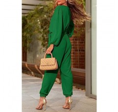 PRETTYGARDEN 여성 2023 가을 점프슈트 캐주얼 Dressy 원피스 복장 V 넥 긴 소매 벨트 포켓 긴 바지 Romper