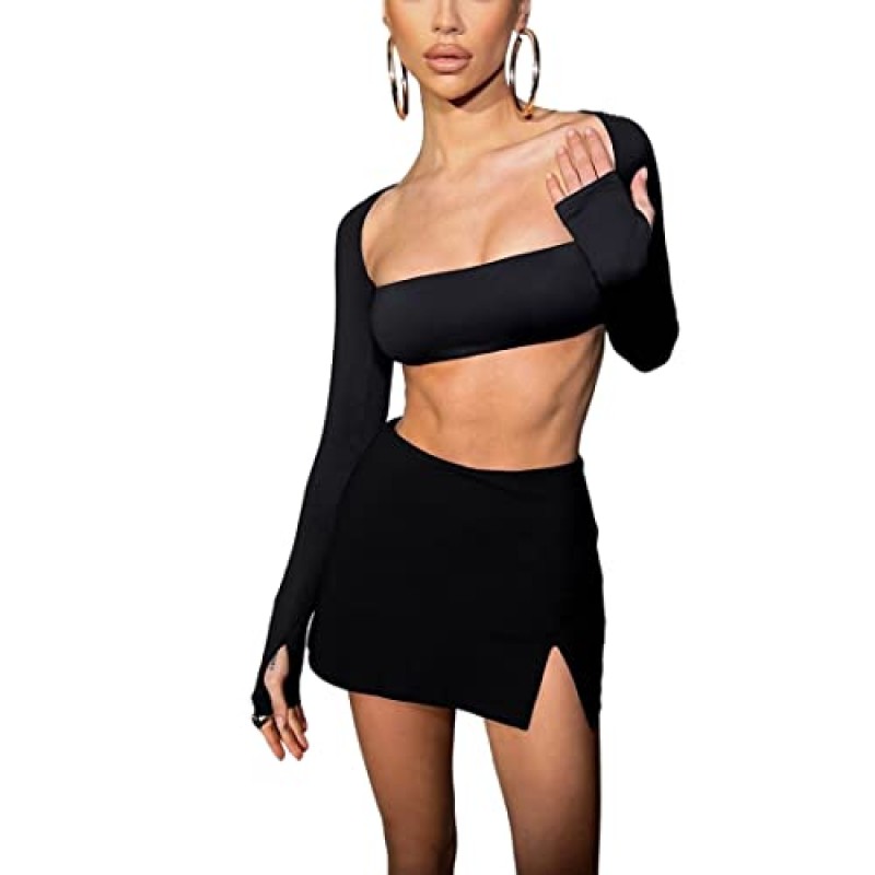 Azhong 여성 2 피스 세트 긴 소매 스퀘어 넥 크롭 탑 Bodycon 미니 클럽 파티 스커트 세트