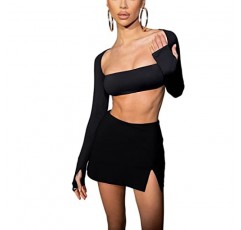 Azhong 여성 2 피스 세트 긴 소매 스퀘어 넥 크롭 탑 Bodycon 미니 클럽 파티 스커트 세트
