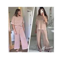 Athlsan Womens 니트 투피스 의상 스웨터 세트 반소매 풀오버 탑 와이드 레그 신축성 허리 바지 Loungewear