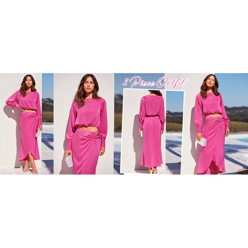 CFLOGE Womens 2 Piece Outfits 2023 새틴 크롭 탑과 드레이프 셔링 스커트 긴 소매 드레스 칵테일 파티 세트