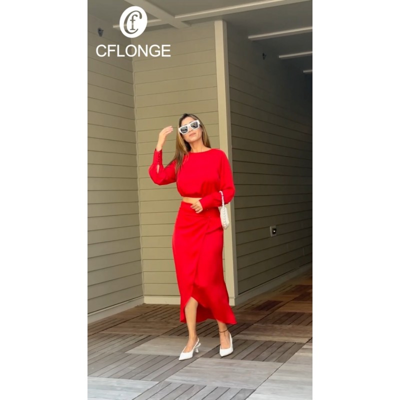 CFLOGE Womens 2 Piece Outfits 2023 새틴 크롭 탑과 드레이프 셔링 스커트 긴 소매 드레스 칵테일 파티 세트