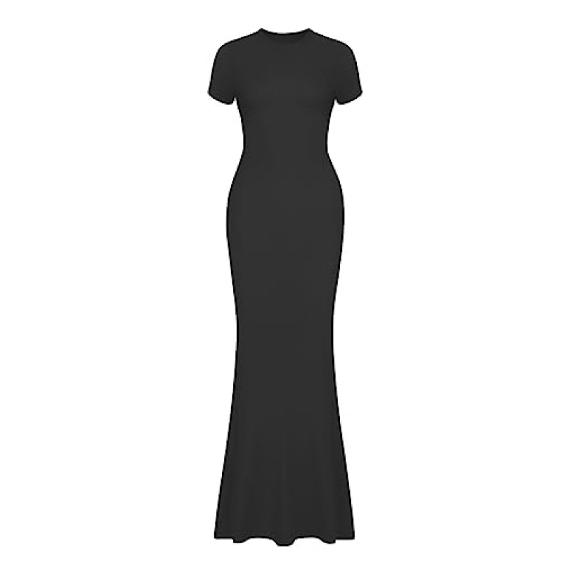 REORIA 여성 여름 캐주얼 라운지 롱 드레스 우아한 반소매 크루 넥 Bodycon 맥시 드레스