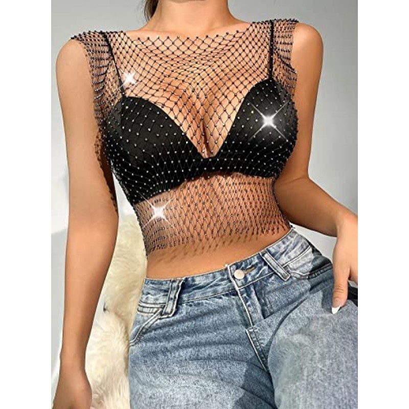 Meladyan Woman 섹시한 메쉬 쉬어 라인 석 박힌 자르기 탱크 탑 다이아몬드 크리스탈 커버 Clubwear Cropped Tops