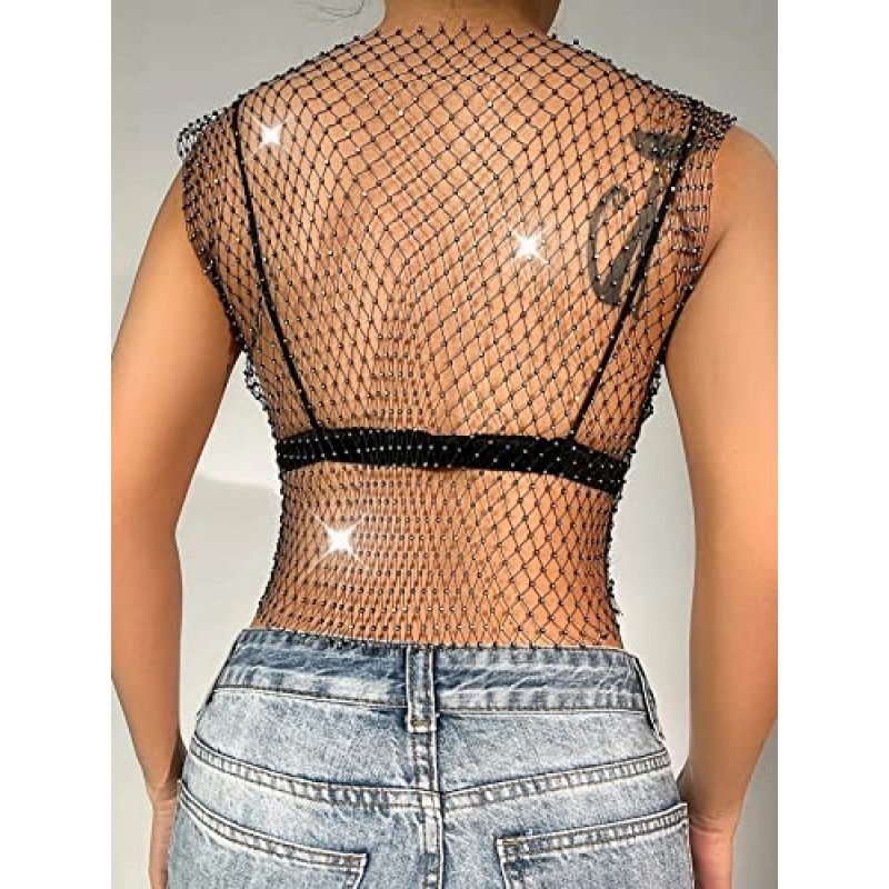 Meladyan Woman 섹시한 메쉬 쉬어 라인 석 박힌 자르기 탱크 탑 다이아몬드 크리스탈 커버 Clubwear Cropped Tops
