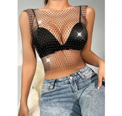 Meladyan Woman 섹시한 메쉬 쉬어 라인 석 박힌 자르기 탱크 탑 다이아몬드 크리스탈 커버 Clubwear Cropped Tops