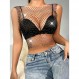 Meladyan Woman 섹시한 메쉬 쉬어 라인 석 박힌 자르기 탱크 탑 다이아몬드 크리스탈 커버 Clubwear Cropped Tops