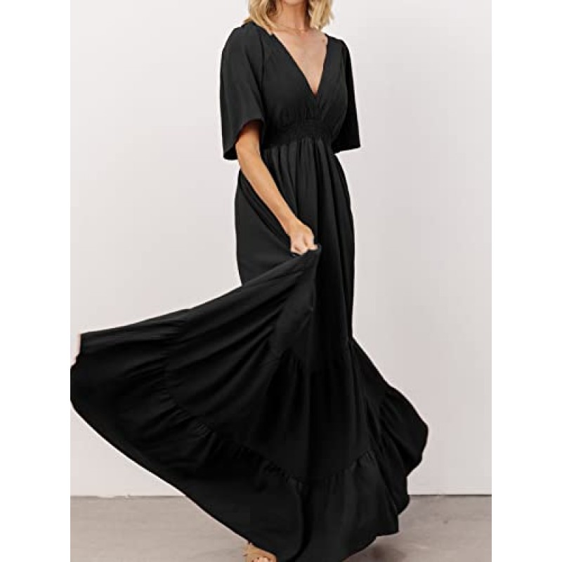 여성 Boho Flowy Maxi 랩 드레스 V 넥 티어드 드레스 하이 웨이스트 A 라인 반소매