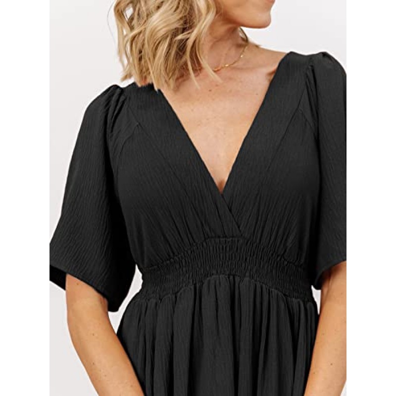 여성 Boho Flowy Maxi 랩 드레스 V 넥 티어드 드레스 하이 웨이스트 A 라인 반소매