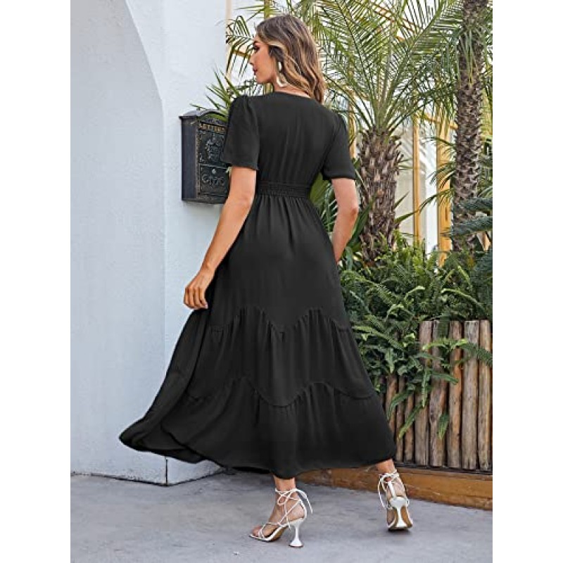 여성 Boho Flowy Maxi 랩 드레스 V 넥 티어드 드레스 하이 웨이스트 A 라인 반소매