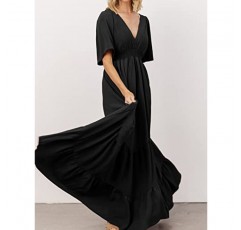 여성 Boho Flowy Maxi 랩 드레스 V 넥 티어드 드레스 하이 웨이스트 A 라인 반소매