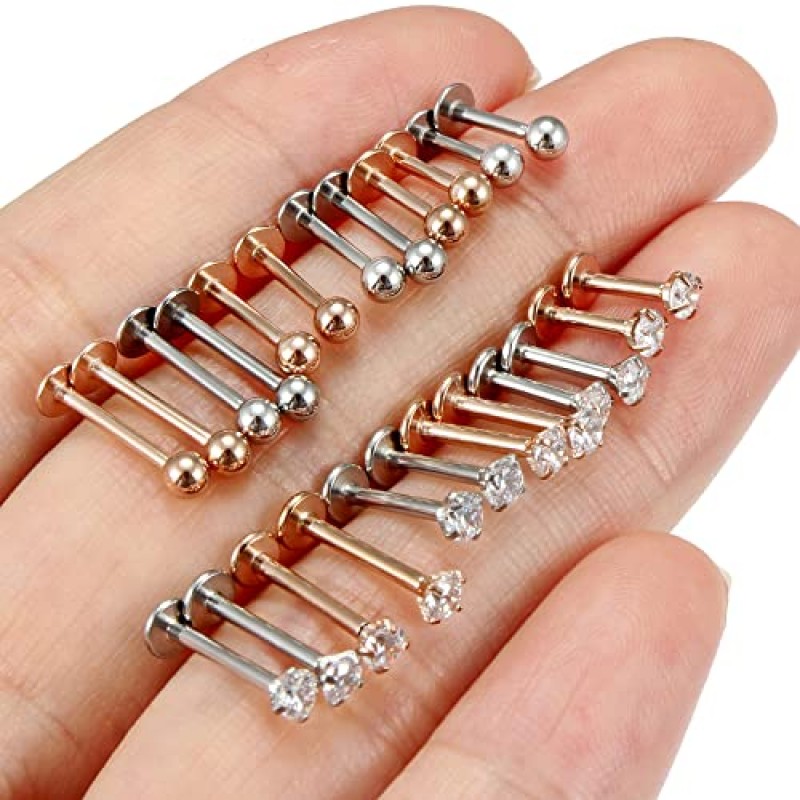 Lcolyoli 24Pcs 16G Labret 쥬얼리 스테인레스 스틸 메두사 피어싱 쥬얼리 먼로 립 링 다른 크기 Tragus 네일 조가비 헬릭스 귀걸이 스터드 바 길이 6mm 8mm 10mm