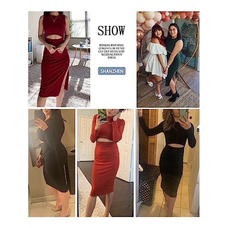 SHANZHEN 여성 긴 소매 Bodycon 복장 캐주얼 패션 Crewneck 컷 아웃 니트 늑골이있는 슬림 미디 연필 드레스
