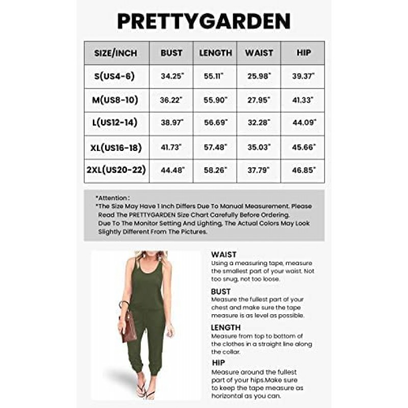 PRETTYGARDEN 여성 캐주얼 탱크 점프슈트 민소매 드로스트링 신축성 있는 허리 루즈한 여름 롬퍼