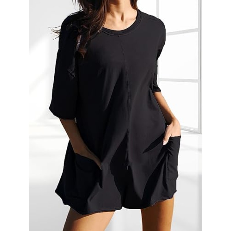 AnotherChill Womens Athletic Romper With Pocket Workout Tee Rompers 등이 없는 오버사이즈 Onesie 캐주얼 액티브웨어