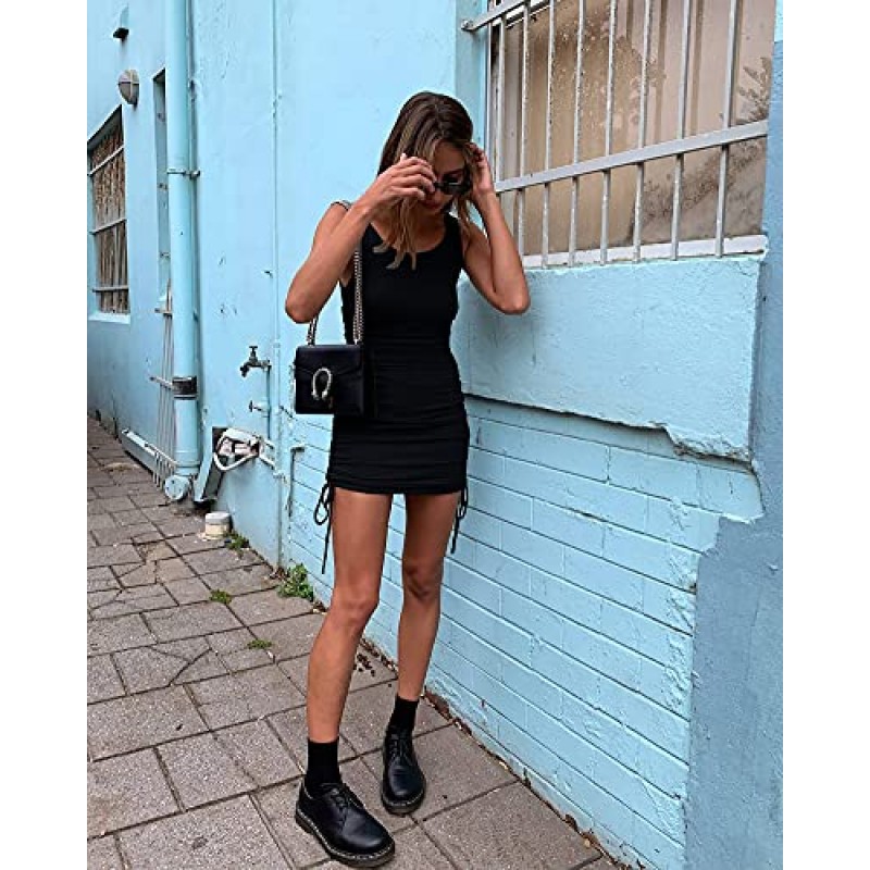 BTFBM 여성 민소매 Bodycon Ruched 짧은 드레스 사이드 Drawstring 솔리드 크루 넥 캐주얼 여름 탱크 셔츠 미니 드레스