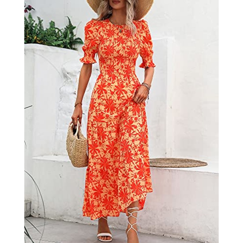 BTFBM 여성 캐주얼 여름 드레스 2023 봄 크루 넥 프릴 짧은 소매 꽃 표범 Smocked Boho Flowy Maxi Dress