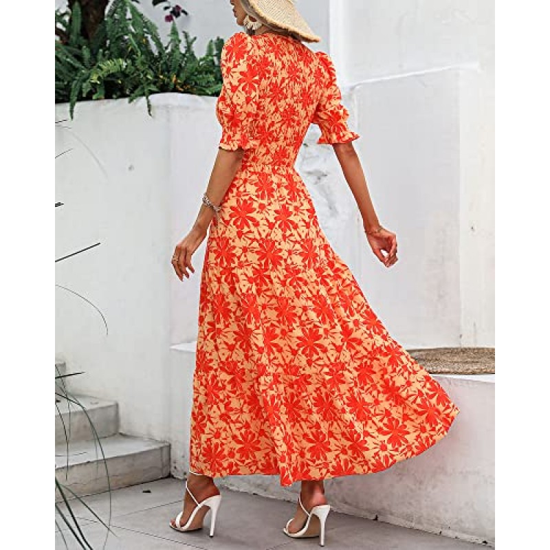 BTFBM 여성 캐주얼 여름 드레스 2023 봄 크루 넥 프릴 짧은 소매 꽃 표범 Smocked Boho Flowy Maxi Dress