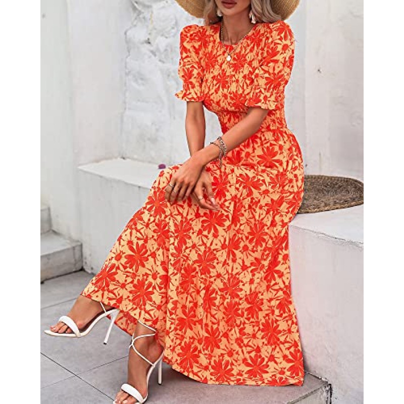 BTFBM 여성 캐주얼 여름 드레스 2023 봄 크루 넥 프릴 짧은 소매 꽃 표범 Smocked Boho Flowy Maxi Dress