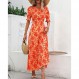BTFBM 여성 캐주얼 여름 드레스 2023 봄 크루 넥 프릴 짧은 소매 꽃 표범 Smocked Boho Flowy Maxi Dress
