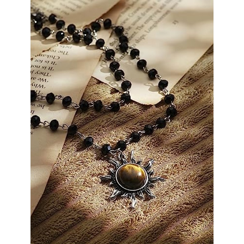 Sacina 고딕 Boho 썬 문 스타 목걸이, 검은 구슬 목걸이, 고딕 목걸이, 고스 목걸이, Boho 목걸이, 의상 보석, 여성을위한 크리스마스 새해 보석 선물