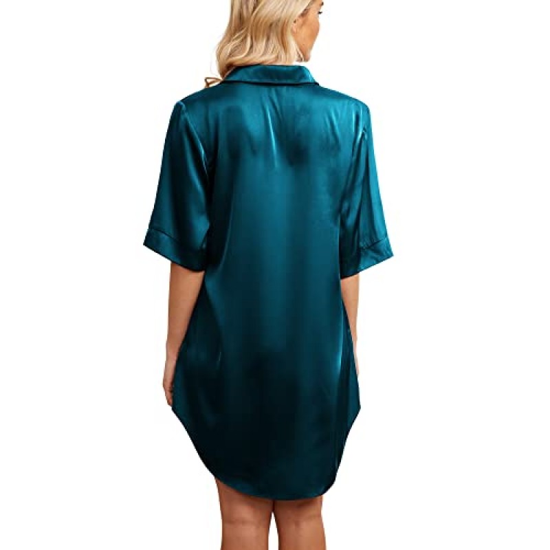 POKWAI Womens Nightgown 새틴 버튼 다운 3/4 슬리브 Sleepshirt 남자 친구 노치 칼라 Nightshirt Sleepwear