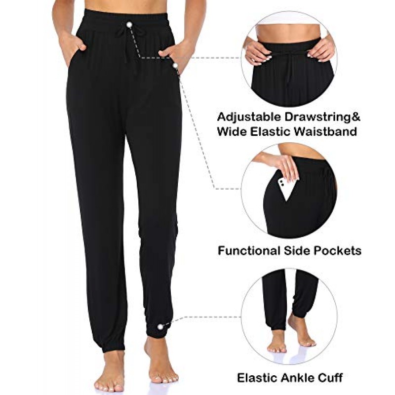 ASIMOON Womens Sweatpants 포켓이있는 요가 조깅 하이 웨이스트 신축성 라운지 러닝 운동 조깅 바지