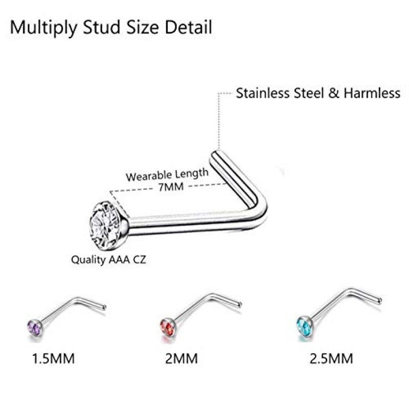 코 링 스터드 및 후프, 수술용 스테인레스 스틸 저자극성 코 링 세트 여성용 남성용, 스트레이트/L/나사 모양 및 1.5/2.0/2.5mm 라인스톤 코 피어싱 쥬얼리 및 이상적인 선물