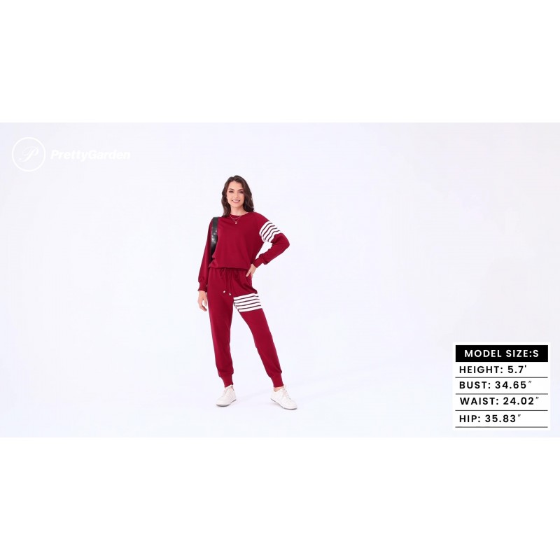 PRETTYGARDEN 여성용 2023 투피스 스트라이프 의상 캐주얼 긴팔 탑 및 스웨트팬츠 매칭 트랙수트 조깅 세트
