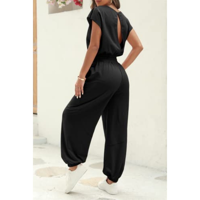 Fisoew Womens Oversize 민소매 루즈 캐주얼 크루 넥 점프 슈트 Backless Summer Long Pants Baggy Rompers with Pockets