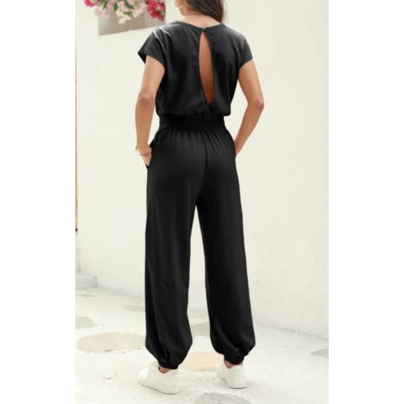 Fisoew Womens Oversize 민소매 루즈 캐주얼 크루 넥 점프 슈트 Backless Summer Long Pants Baggy Rompers with Pockets