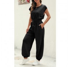 Fisoew Womens Oversize 민소매 루즈 캐주얼 크루 넥 점프 슈트 Backless Summer Long Pants Baggy Rompers with Pockets