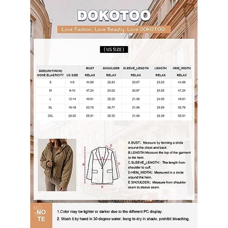 Dokotoo Womens Winter Quilted Jackets 긴 소매 풀 지퍼 퍼퍼 재킷 코트(포켓 포함)