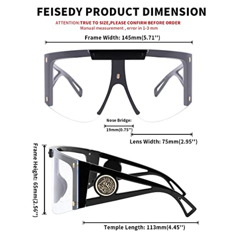 Feisedy 원피스 대형 선글라스 남성용 여성용 빅 쉐이드 랩 쉴드 선글라스 사이클링 운전 휴가 b4027