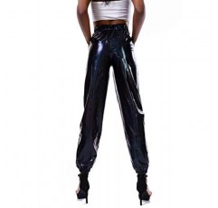 SIAEAMRG Womens Shiny Metallic 하이 웨이스트 스트레치 조깅 바지, Wet Look 힙합 클럽 착용 홀로그램 바지 스웨트 팬츠