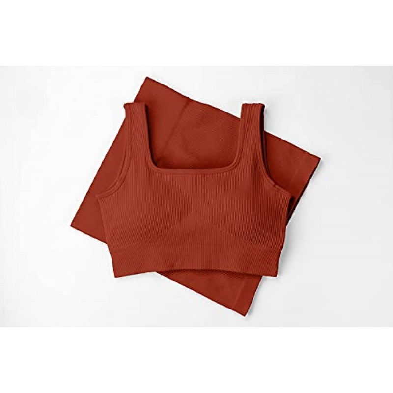 QINSEN 여성용 운동 세트 2 Piece Seamless Ribbed Crop Tank 하이 웨이스트 반바지 요가 의상