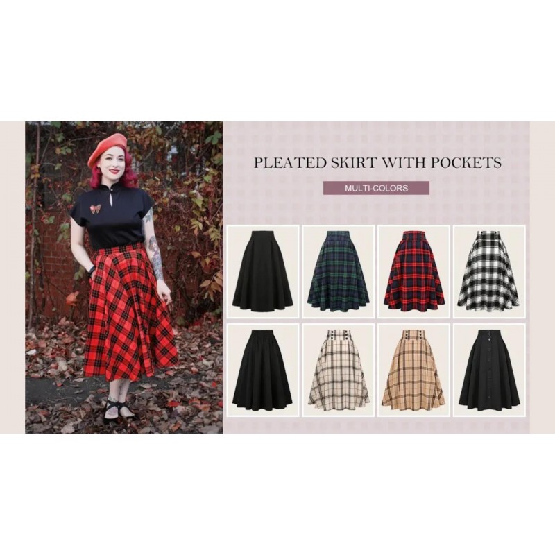 IDEALSANXUN 체크 무늬 스커트 여성용 하이 웨이스트 Aline Pleated Midi 스커트