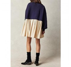 PICPUNMAK 여성 오버 사이즈 긴 소매 스웨트 드레스 패치 워크 Crewneck 풀오버 Loose Flowy Pleated Mini Dress Tops