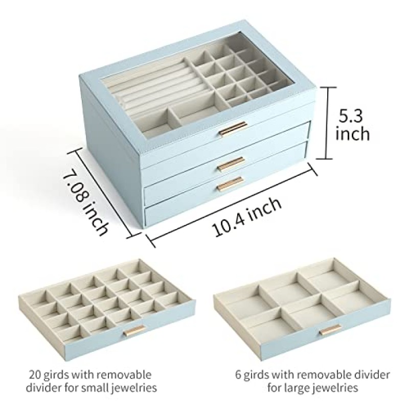 CASEGRACE 여성용 보석함, 3겹 이중 서랍형 보석 정리함 투명 뚜껑, 목걸이용 대형 보석 디스플레이 케이스 팔찌 귀걸이 반지 보관함 드레서용, 블루