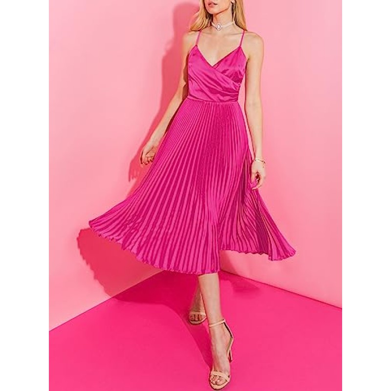 ZAFUL Womens 새틴 섹시한 백 레스 랩 V 넥 민소매 스파게티 스트랩 Pleated Flowy Party Midi Dress