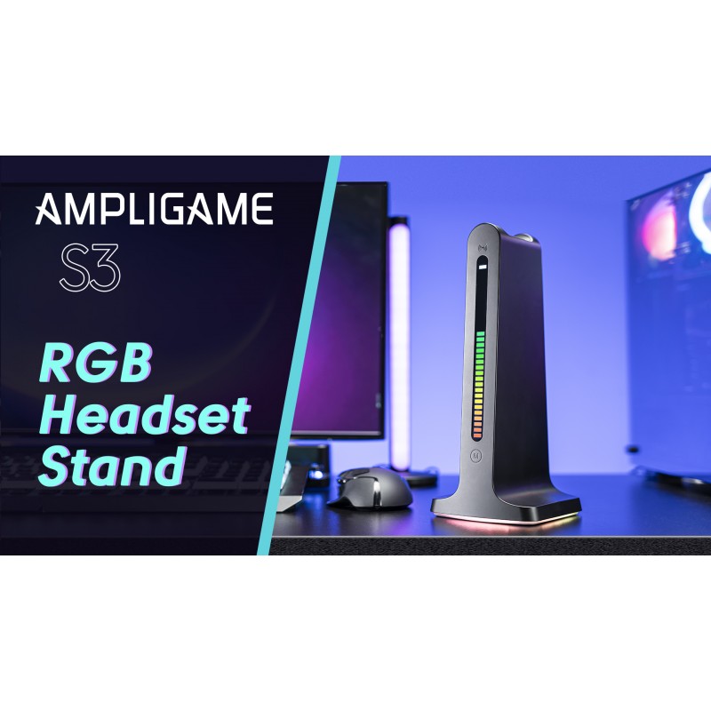 FIFINE 게임용 헤드셋 스탠드-RGB 헤드폰 스탠드 홀더 게이머용 USB 포트 2개, 솔리드 베이스, 사운드 조명 동기화, 조명 제어 키-AmpliGame S3가 있는 PC 컴퓨터 데스크탑 액세서리