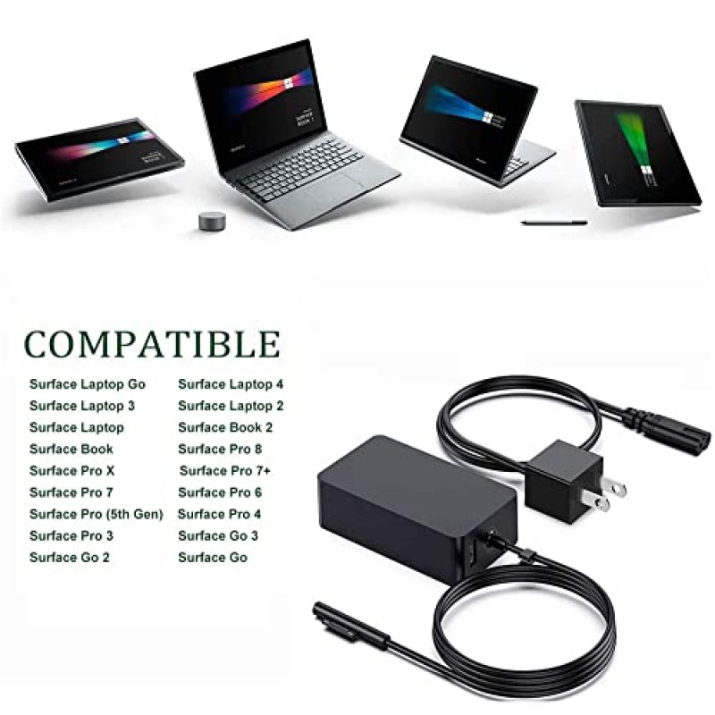 Surface Pro 충전기, Microsoft Surface Pro 3/4/5/6/7/8/9/X, Surface Laptop 3/2/1, Surface Book, Surface Go용 65W 15V 4A 전원 공급 장치 AC 어댑터 충전기, 6피트 전원 코드 포함