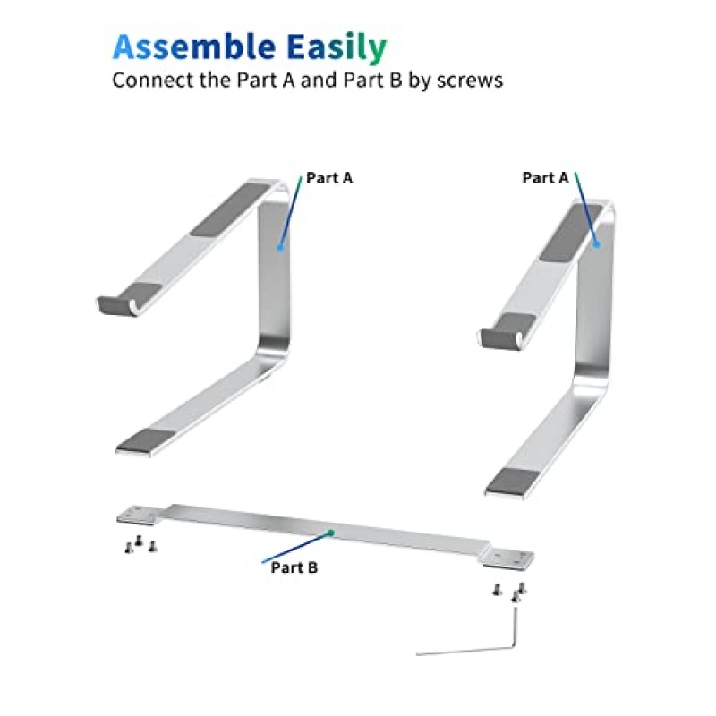 책상용 SOUNDANCE 노트북 스탠드, 금속 컴퓨터 라이저, 견고하고 안정적인 PC 홀더, 12~17.3인치 노트북 컴퓨터용 인체공학적 노트북 엘리베이터, 실버