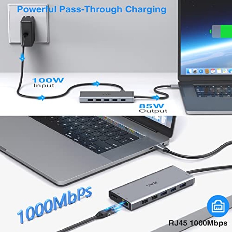 USB C 도킹 스테이션 Dell HP Lenovo 노트북용 듀얼 모니터 HDMI, 14 in 1 스테이션 - 2 HDMI 포트 4K+VGA USB 유형 C 허브 멀티포트 어댑터 동글 도크, USB C - 이더넷+5 USB+SD/TF+100W PD+오디오