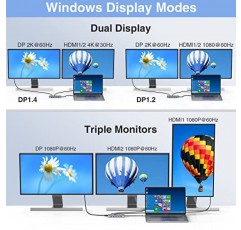 USB C 도킹 스테이션 Dell HP Lenovo 노트북용 듀얼 모니터 HDMI, 14 in 1 스테이션 - 2 HDMI 포트 4K+VGA USB 유형 C 허브 멀티포트 어댑터 동글 도크, USB C - 이더넷+5 USB+SD/TF+100W PD+오디오