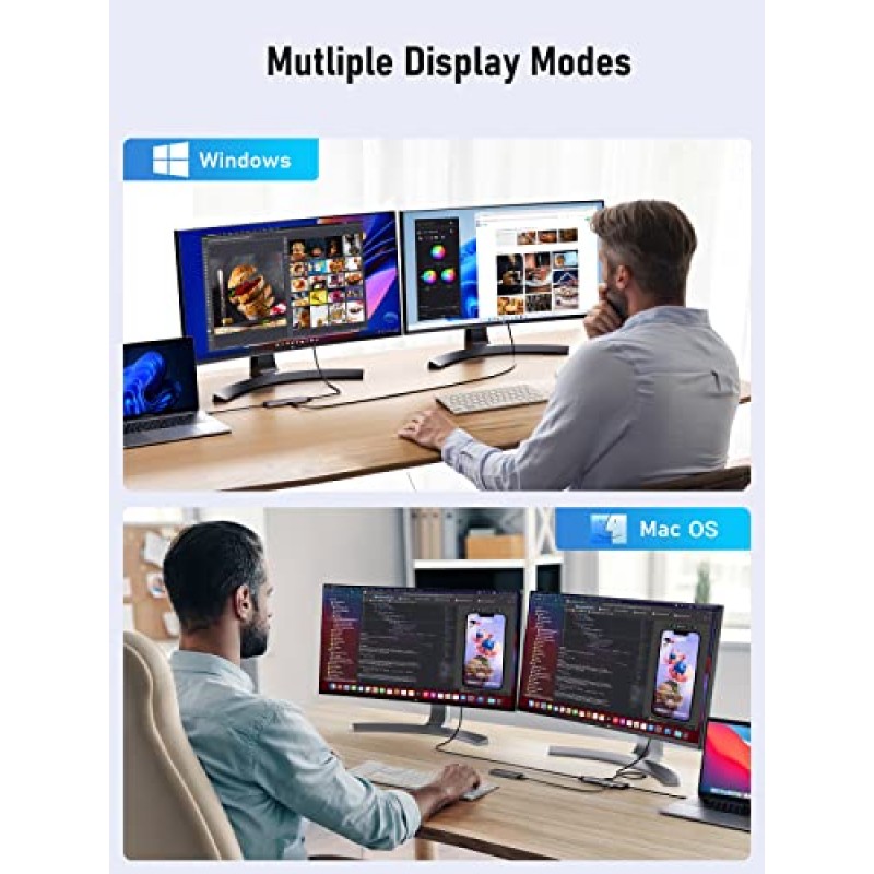 도킹 스테이션 7 in 1 USB C 허브 듀얼 HDMI 모니터, 4K 30Hz 2 HDMI 포트 100W PD USB 3.0 USB 2.0, 노트북 MacBook Pro M1용 멀티 모니터 어댑터 Dell HP Surface Lenovo
