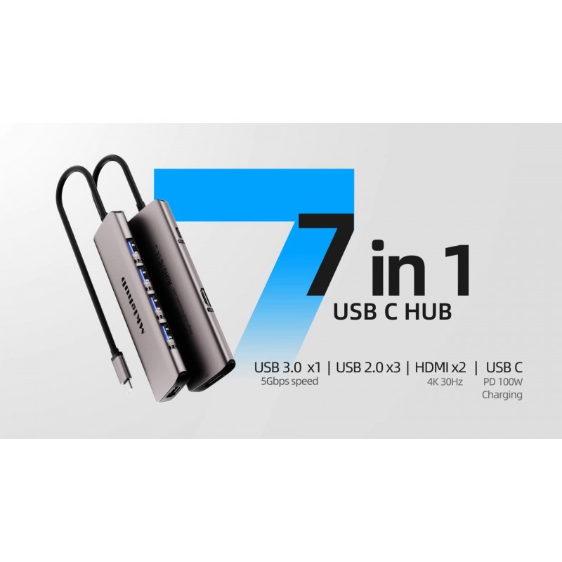 도킹 스테이션 7 in 1 USB C 허브 듀얼 HDMI 모니터, 4K 30Hz 2 HDMI 포트 100W PD USB 3.0 USB 2.0, 노트북 MacBook Pro M1용 멀티 모니터 어댑터 Dell HP Surface Lenovo