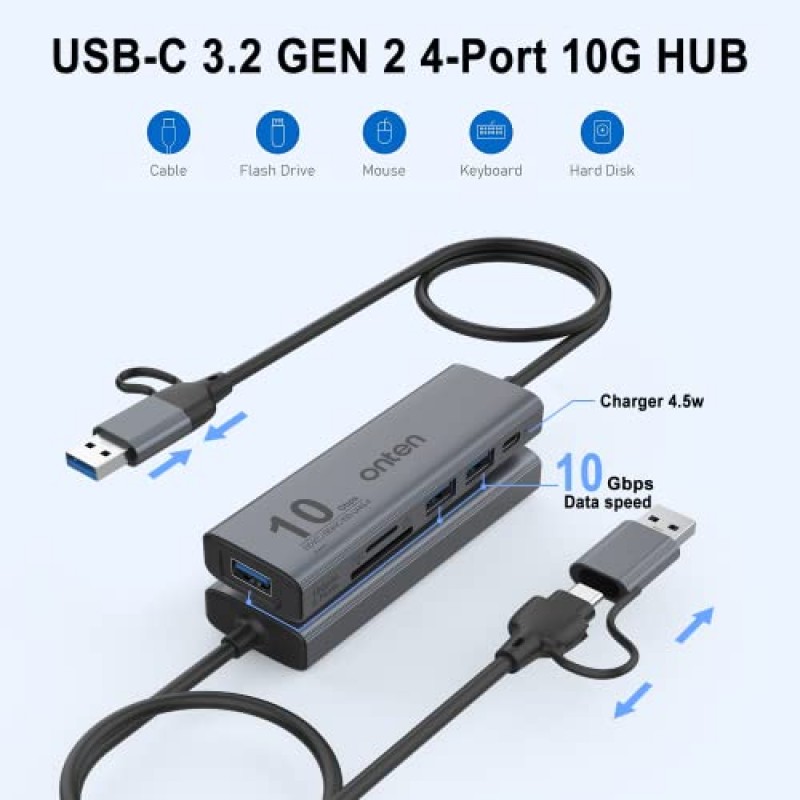 Onten 듀얼 슬롯 UHS-II SD4.0 카드 리더기. 10Gbps USB C - USB 허브 어댑터, USB 허브(3*USB 3.2 GEN 2(10Gbps) 포트 및 UHS-II SD/TF4.0 포함). Mac OS iPad OS와 호환 가능 ,윈도우,안드로이드,리눅스.