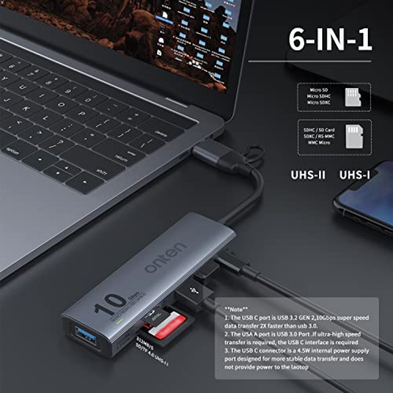 Onten 듀얼 슬롯 UHS-II SD4.0 카드 리더기. 10Gbps USB C - USB 허브 어댑터, USB 허브(3*USB 3.2 GEN 2(10Gbps) 포트 및 UHS-II SD/TF4.0 포함). Mac OS iPad OS와 호환 가능 ,윈도우,안드로이드,리눅스.