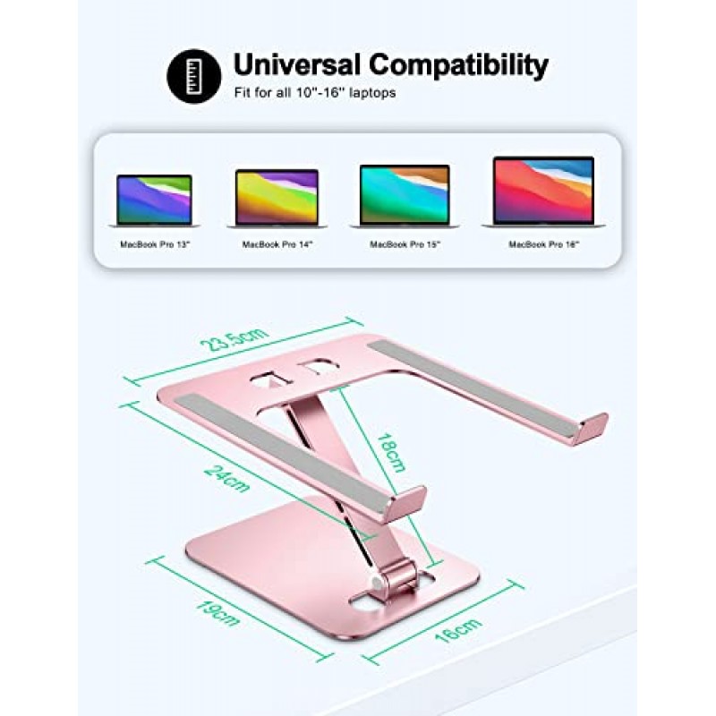 RIWUCT 접이식 노트북 스탠드, 높이 조절이 가능한 책상용 인체공학적 컴퓨터 스탠드, MacBook Pro Air와 호환되는 통풍형 알루미늄 휴대용 노트북 라이저 홀더, 모든 노트북 10-16인치(핑크색)